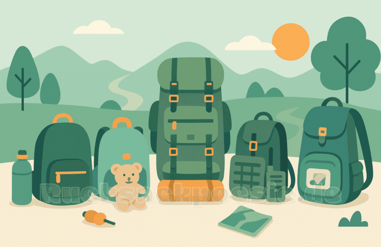 Flat, minimalistische Illustration von fünf verschiedenen Rucksacktypen (Daypack, Kinderrucksack, Trekkingrucksack, Militär-Rucksack, Wanderrucksack) im Halbkreis vor sanften, grünen Hügeln und stilisierten Bäumen. Vor jedem Rucksack liegt ein typischer Gegenstand: Wasserflasche, Kuscheltier, Schlafsack, Funkgerät, Karte. Am Himmel eine orange Sonne, ein gewundener Weg schlängelt sich durch die Landschaft.