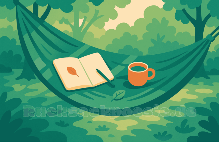 Leere Hängematte mit Notizbuch, Stift und Teetasse im Wald unter Sonnenlicht – Symbol für Gedankenruhe, Kreativität und stille Selbstreflexion.