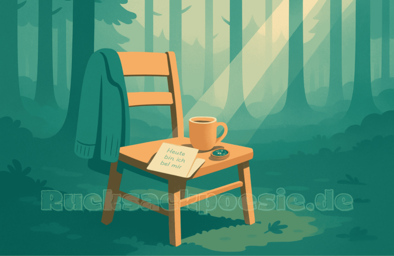 Illustration eines schlichten Holzstuhls im moosbedeckten Wald, auf dessen Lehne eine grüne Strickjacke hängt. Auf dem Sitz stehen eine dampfende Teetasse, ein kleiner Kompass und ein gefalteter Zettel mit der handschriftlichen Notiz „Heute bin ich bei mir“. Ein Sonnenstrahl fällt durch die hohen Bäume und beleuchtet den Stuhl. Keine Menschen sichtbar – nur Stille, Licht und Natur.