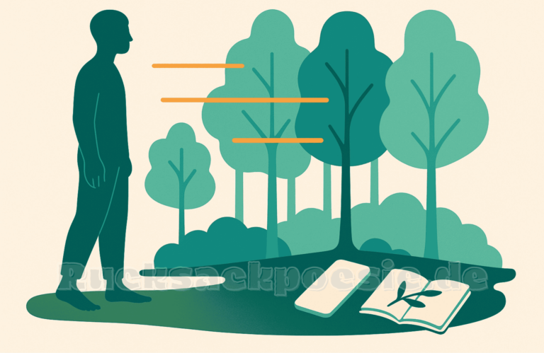 Flat-Design-Illustration einer barfüßigen Silhouette am Waldrand, umgeben von stilisierten Bäumen in Grüntönen. Orangene Linien symbolisieren Sonnenstrahlen oder Terpene. Am Boden liegen ein beige-farbenes Smartphone und ein geöffnetes Notizbuch mit einem Zweig als Lesezeichen. Der rechte Bildrand bleibt offen – als Einladung zum Gehen.