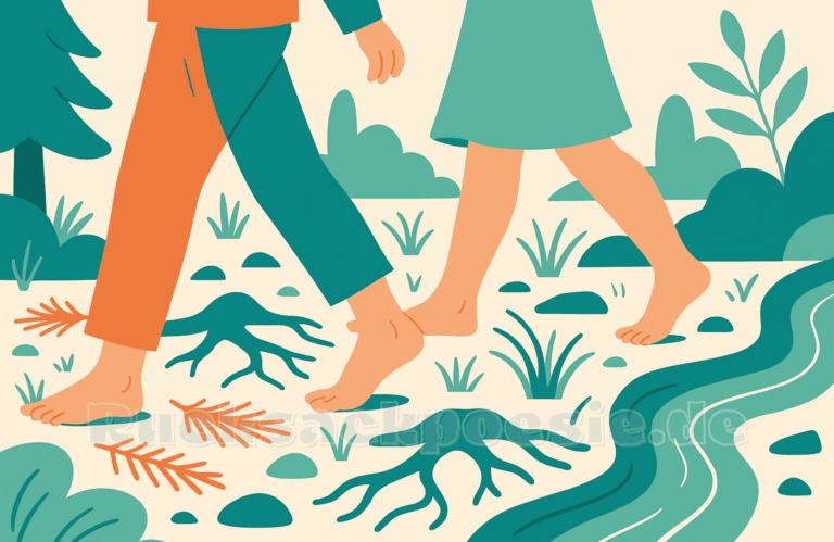 Zwei barfüßige Menschen gehen achtsam über einen stilisierten Waldboden mit Wurzeln, Gräsern und einem Bach – Flat-Design in Mintgrün, Türkis und Orange.