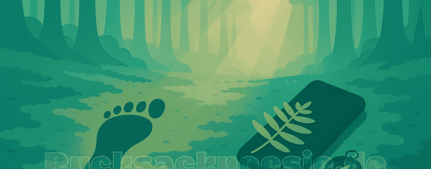 Flat-Design-Illustration eines einzelnen Barfußabdrucks auf moosigem Waldboden im Morgenlicht. Daneben liegt ein ausgeschaltetes Smartphone, halb vom Moos bedeckt und von einem Farnblatt überlagert. Im Hintergrund dichter Wald mit schlanken Bäumen, durch die weiches Licht und Dunst fallen. Keine Menschen sichtbar – nur Spuren der bewussten Abkehr vom Digitalen.