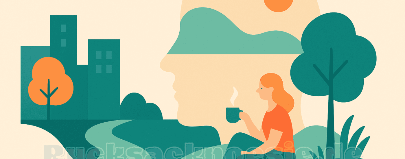 Illustration im Flat-Design: Eine Frau sitzt barfuß mit einer Tasse Tee auf einer Wiese, rechts ein Baum, links eine stilisierte Stadt. In der Mitte ihr Kopf im Profil, gefüllt mit Bergen, Sonne und Natur – symbolisiert den Perspektivwechsel vom urbanen Außen zur inneren Ruhe.