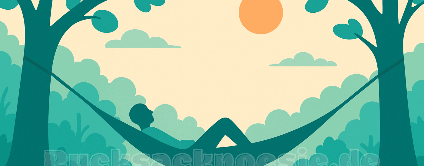 Person liegt entspannt in einer Hängematte zwischen zwei Bäumen im Wald, sanftes Licht fällt durch das Blätterdach – Symbol für Achtsamkeit, Ruhe und mentale Klarheit.