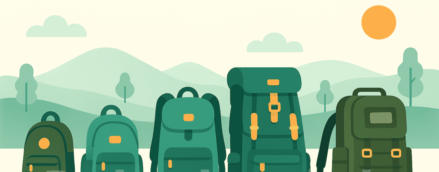 Flat, minimalistische Illustration von fünf verschiedenen Rucksacktypen (Daypack, Kinderrucksack, Wanderrucksack, Trekkingrucksack, Militärrucksack) nebeneinander in Grüntönen, Türkis und Beige mit orangefarbenen Akzenten. Im Hintergrund sanfte Hügel, stilisierte Bäume und eine orange Sonne. Das Bild wirkt freundlich, klar und modern – ideal als Vergleichsgrafik für rucksackpoesie.de.